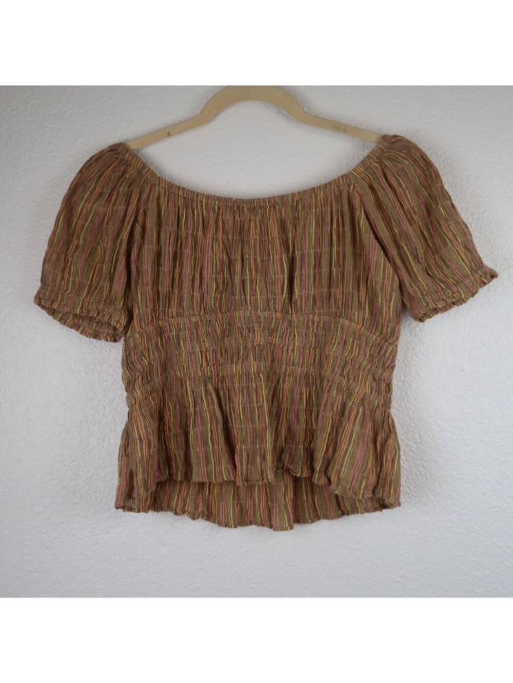 Free People M Striped Smocked Peasant Top Cropped Short Puff Sleeves Boho - Picture 4 of 5